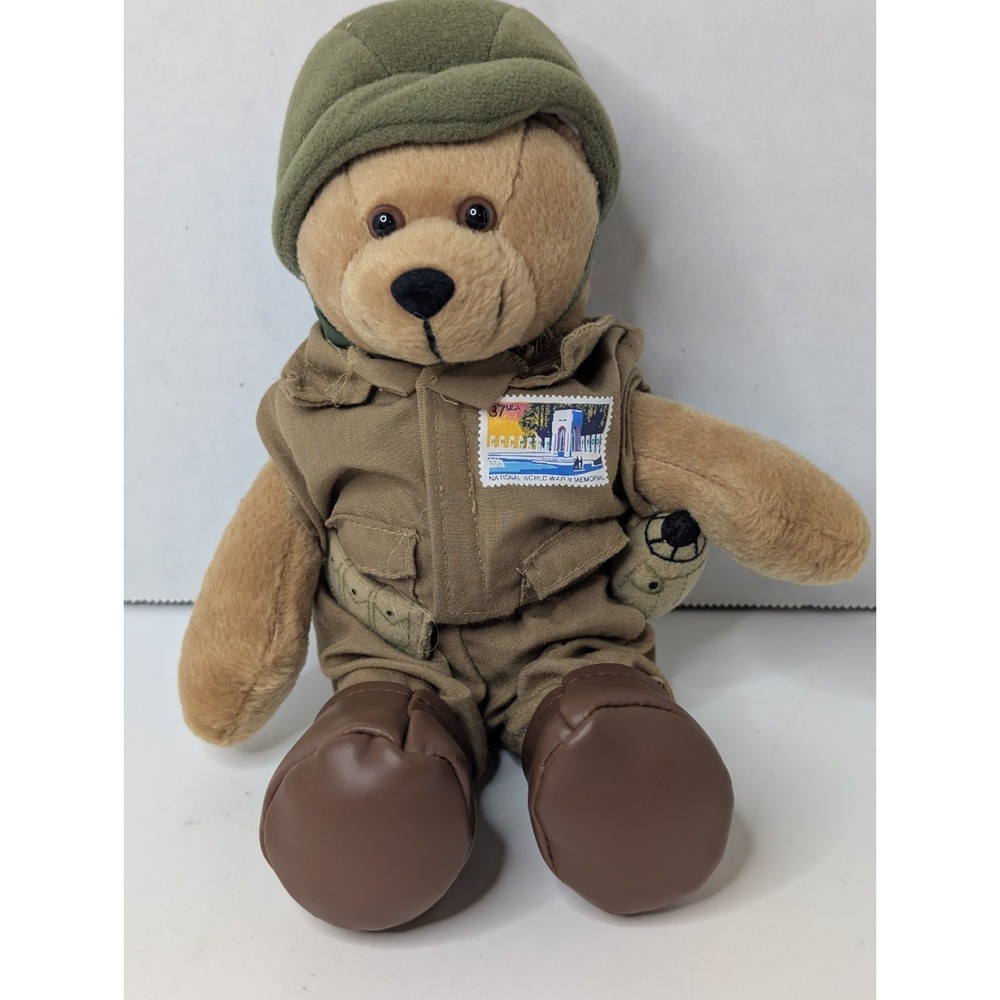 Military Army Soldier Teddy Bear Plush WWII Memorial Stamp Camo Helmet 10"